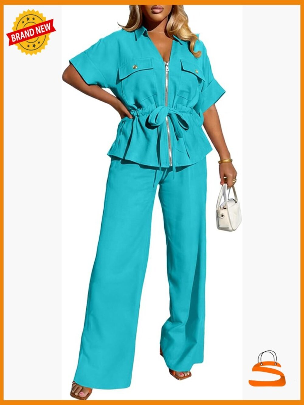 V Neck Short Sleeve 2 Piece Outfit with Pockets Wide Leg Pants Set